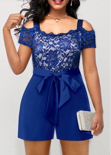 Lace Patchwork Royal Blue Short Sleeve Belted Romper     2nd 10%, 3rd 20%, 4th 40%