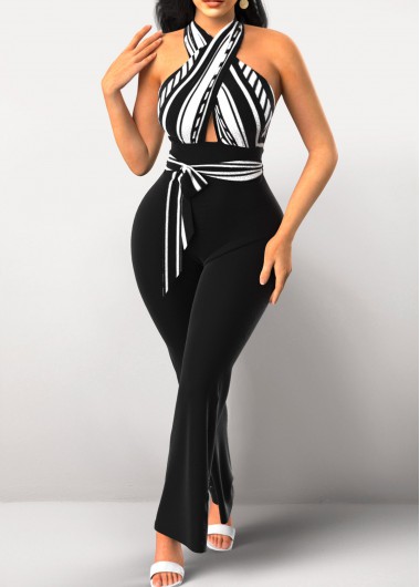 Striped Cross Halter Tie Front Black Jumpsuit     2nd 10%, 3rd 20%, 4th 40%