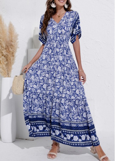 V Neck Navy Blue Floral Print Dress  -  2nd 10%, 3rd 20%, 4th 40%