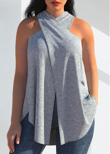 women clothes image of Cross Halter Grey Sleeveless Tank Top