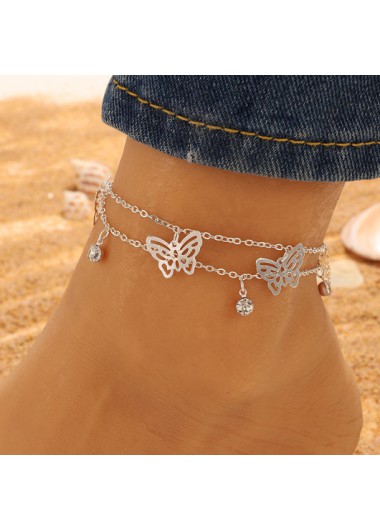 Butterfly Design Silver Rhinestone Detail Anklet     