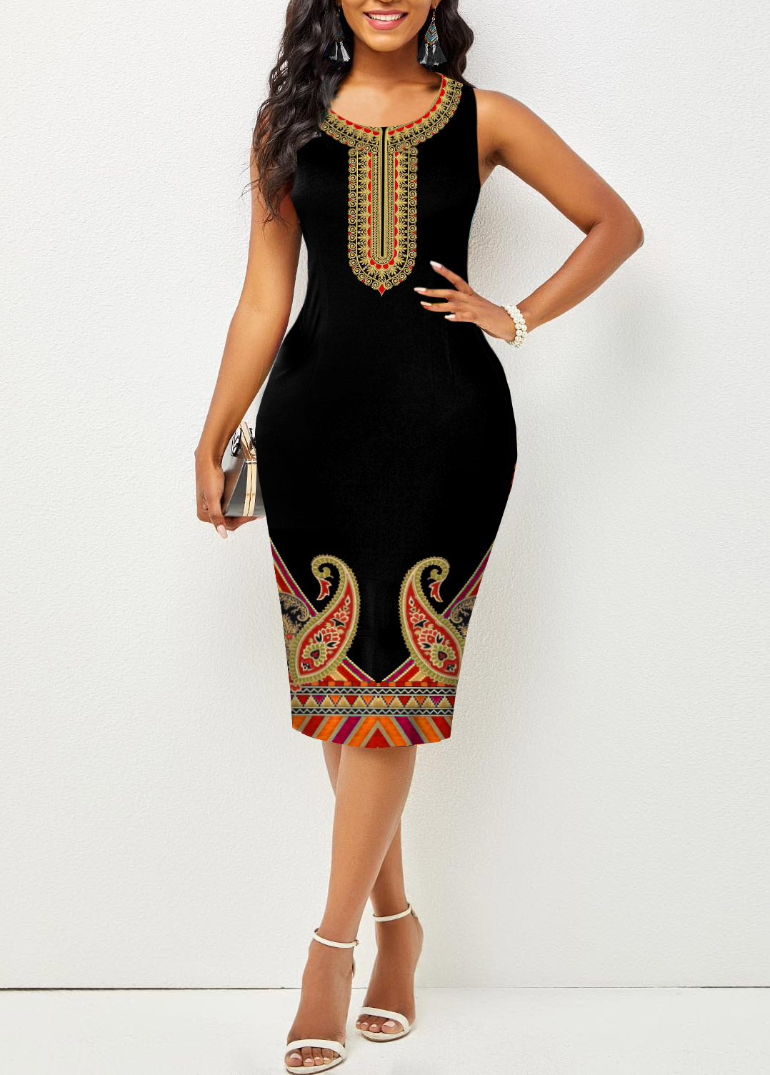 Tribal Print Black Sleeveless Bodycon Dress