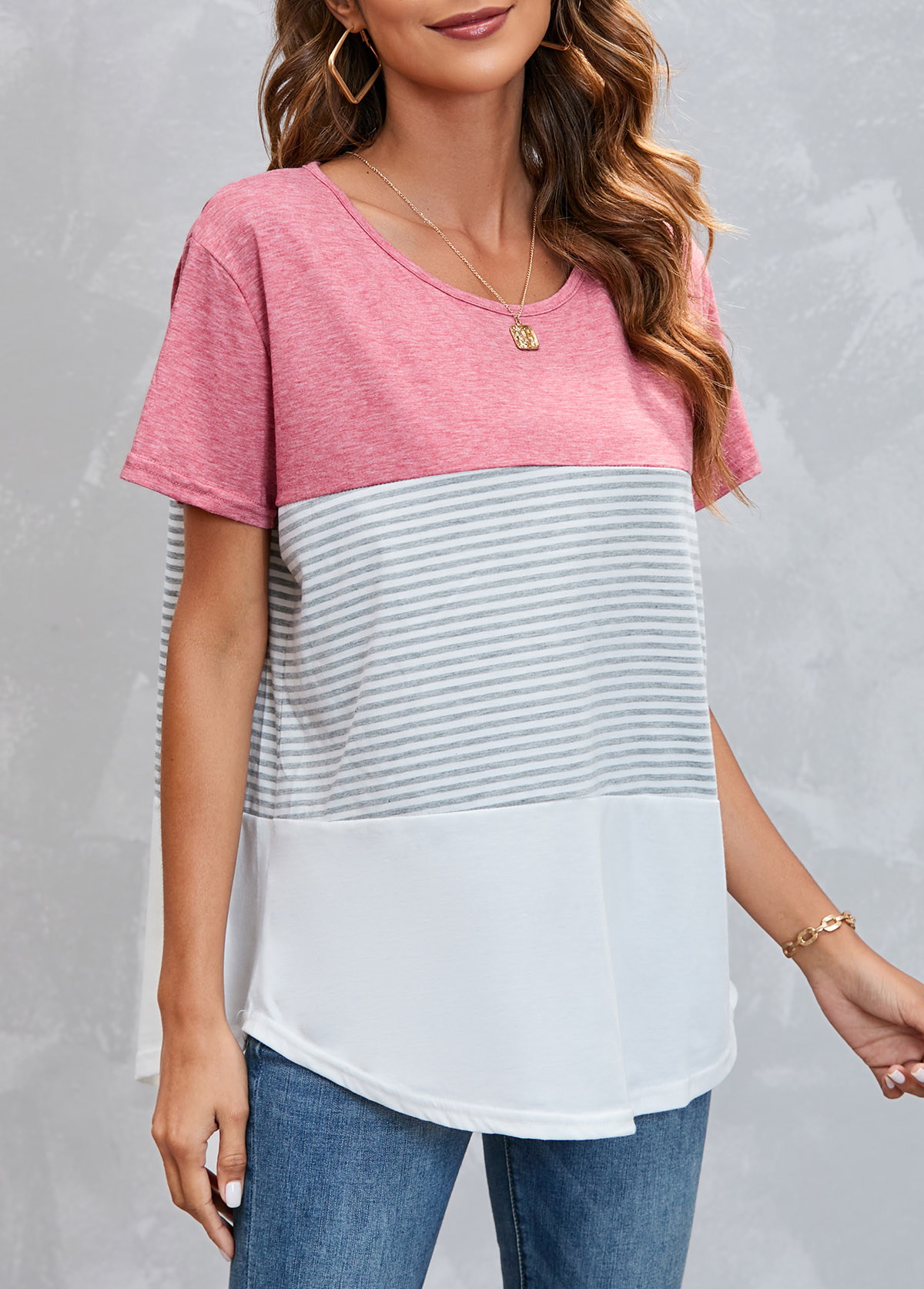 Round Neck Striped Pink T Shirt
