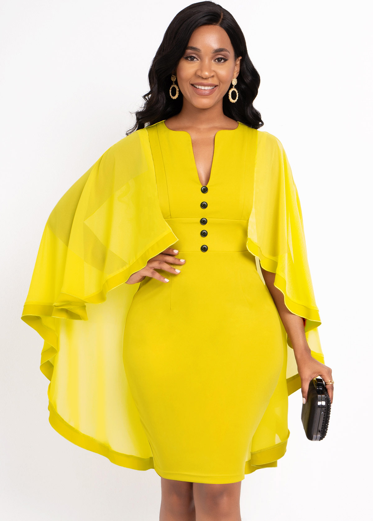 Yellow Decorative Button Mesh Stitching Cape Sleeve Dress