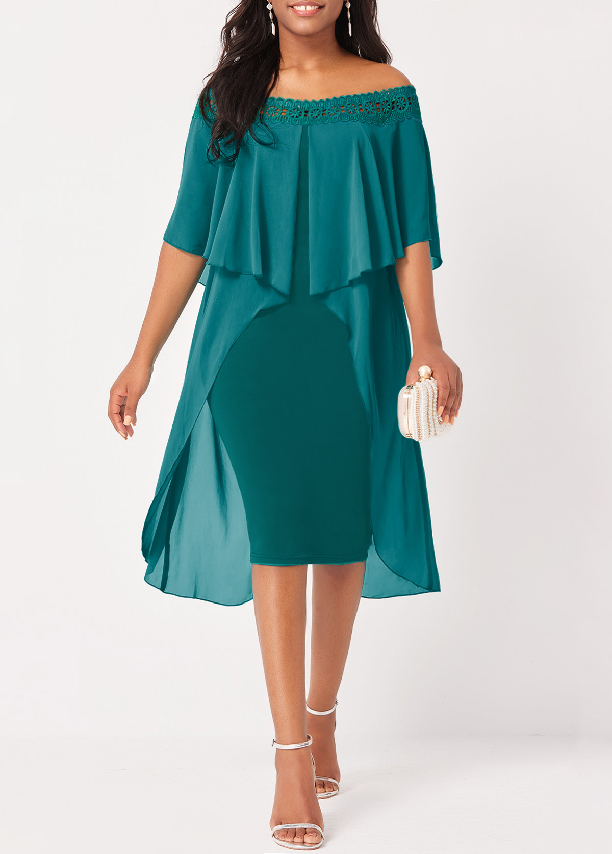 Off Shoulder Lace Stitching Turquoise Flounce Dress