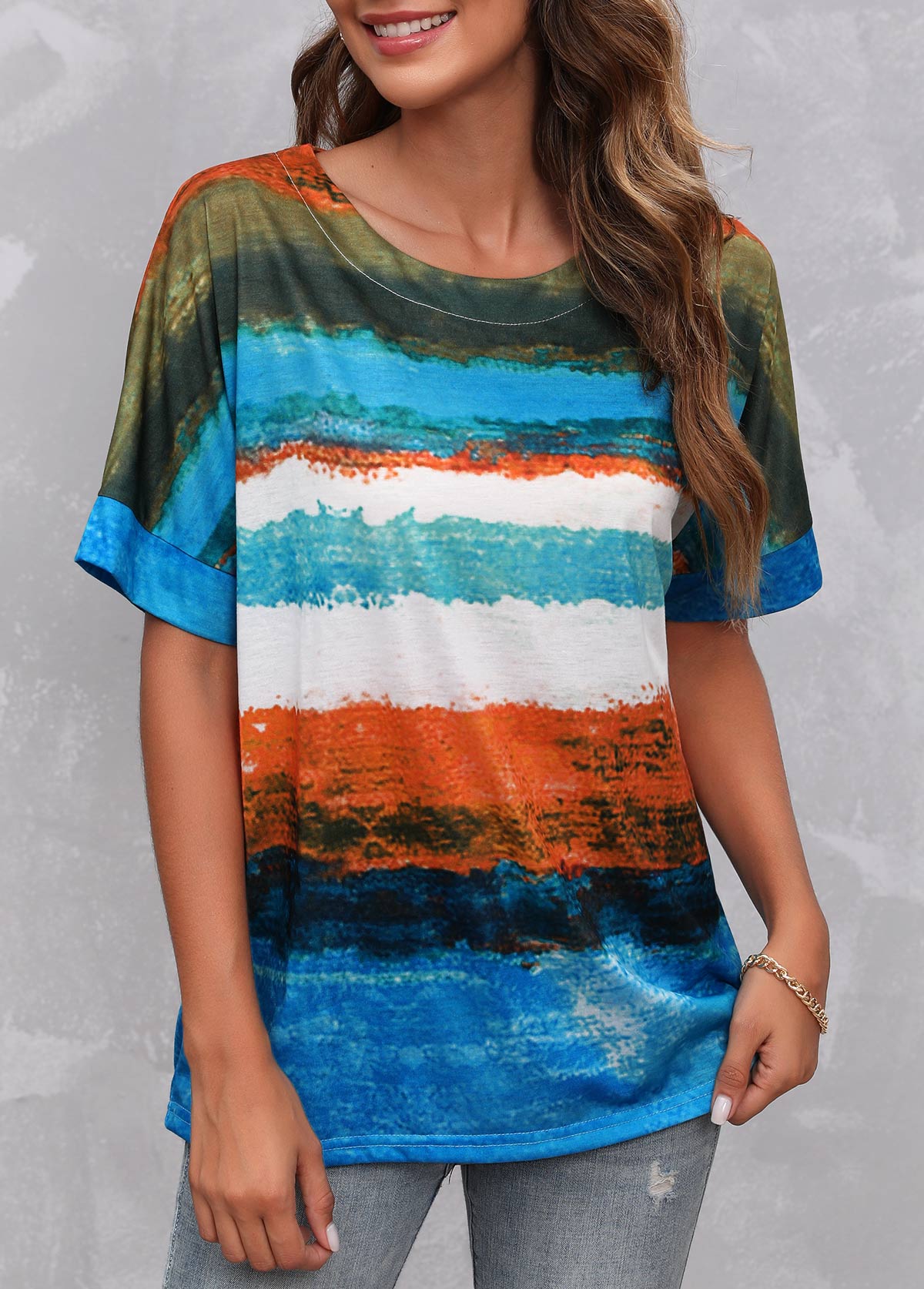 Stripe Print Short Sleeve Multi Color T Shirt