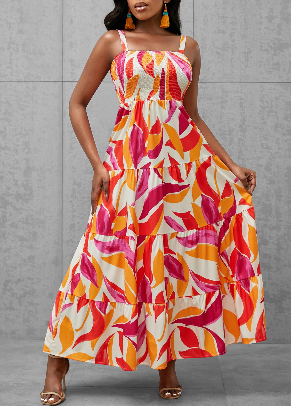 Smocked Leaf Print Multi Color Dress