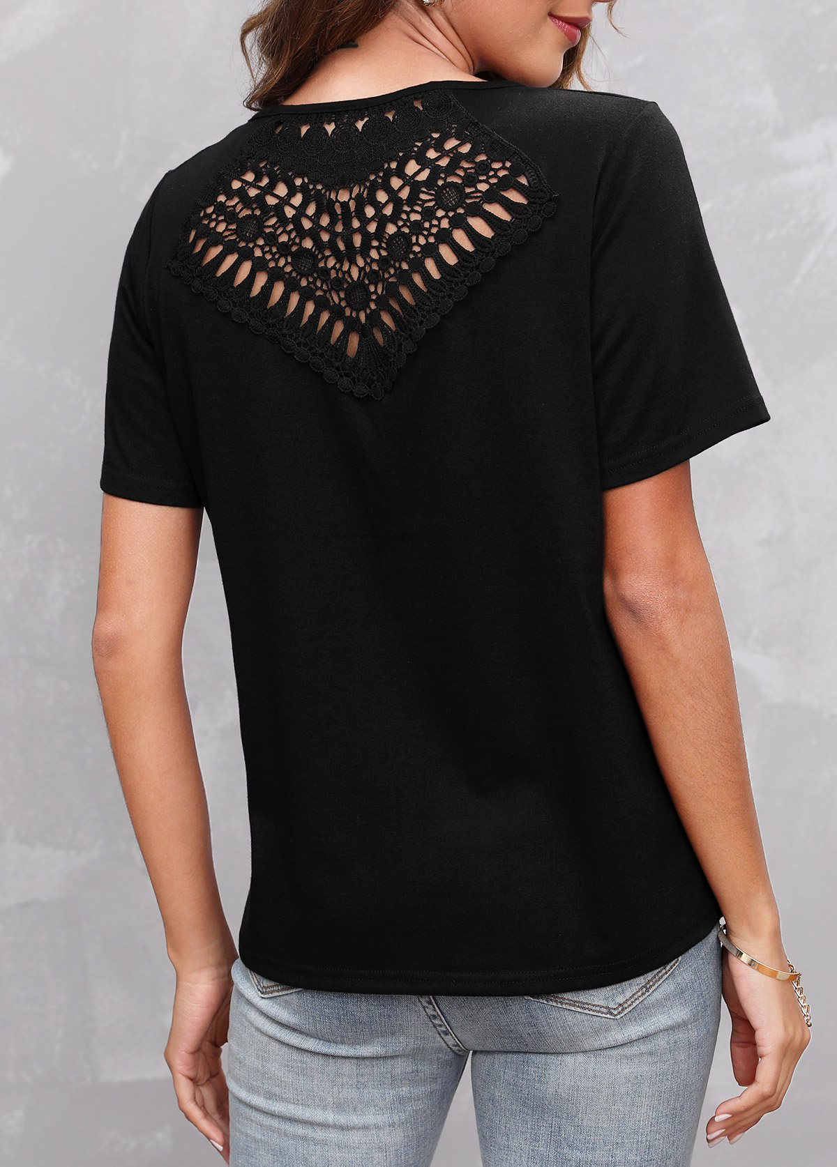 Lace Patchwork Black Short Sleeve Round Neck T Shirt