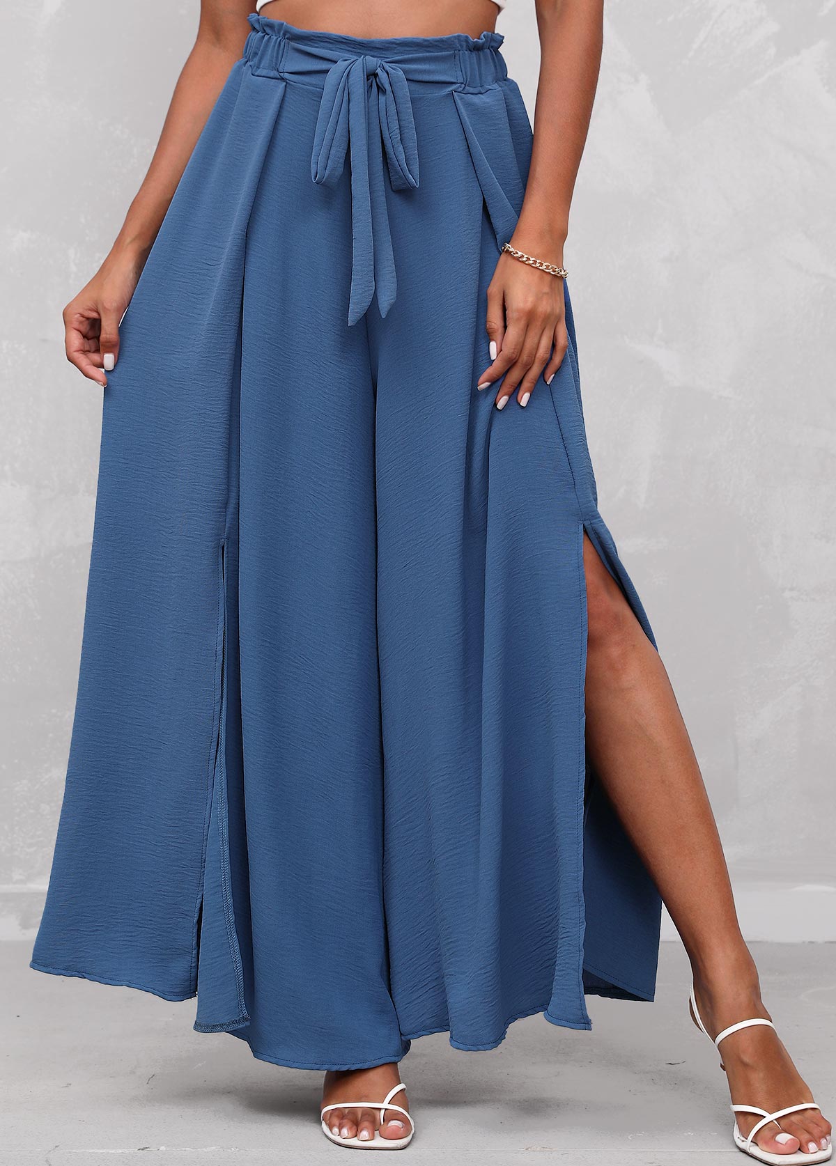 Blue High Waisted Side Slit Tie Front Pants