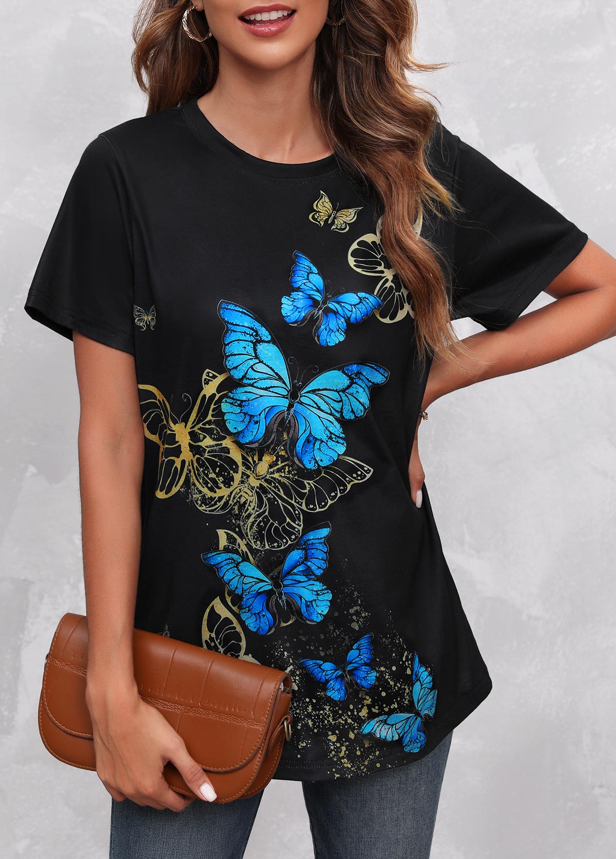 Round Neck Butterfly Print Black T Shirt | modlily.com - USD 19.98