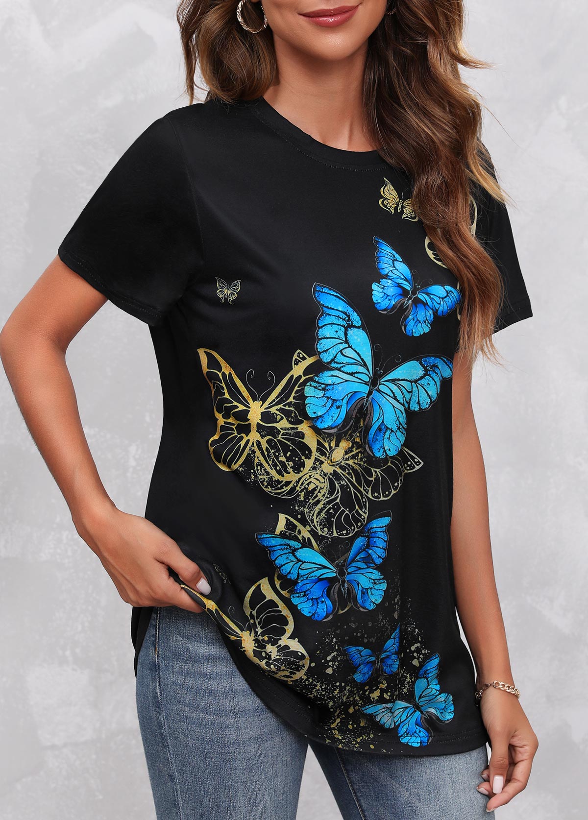 Round Neck Butterfly Print Black T Shirt