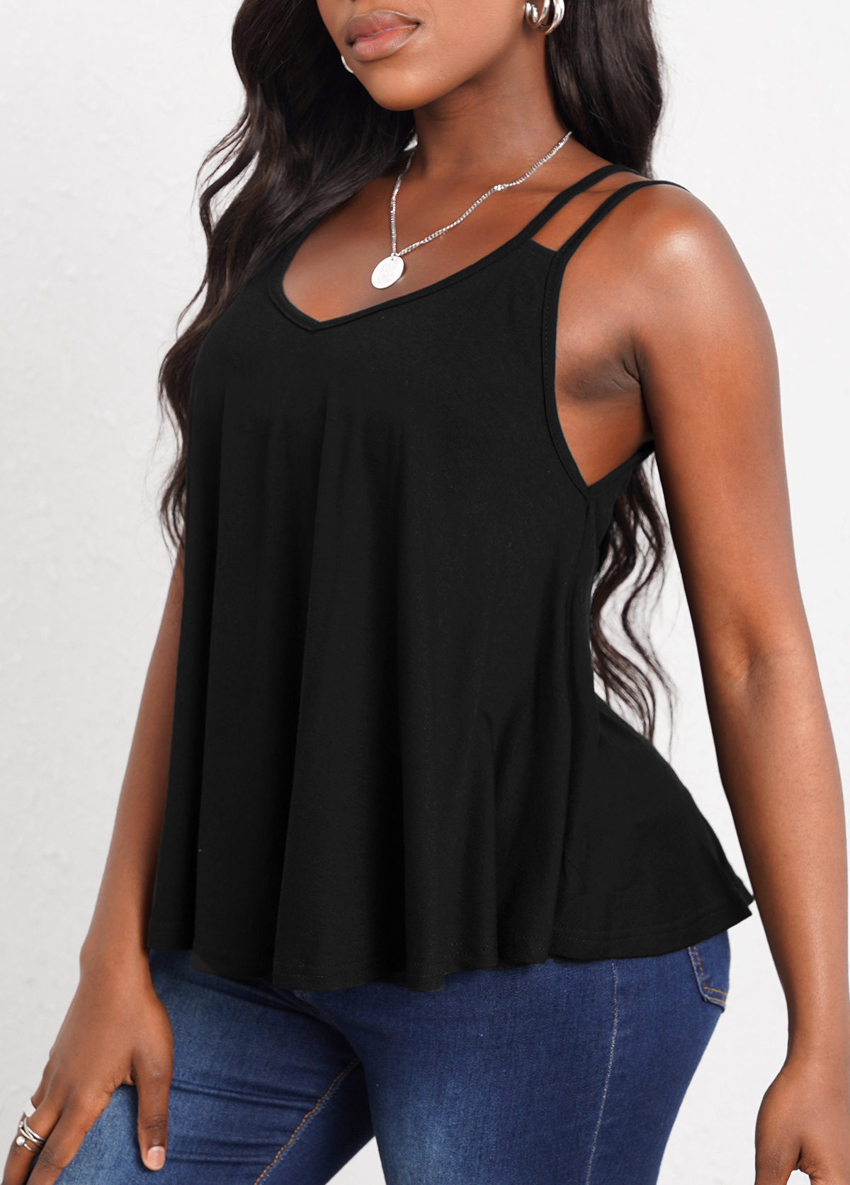 Black Double Straps Curved Hem Camisole Top