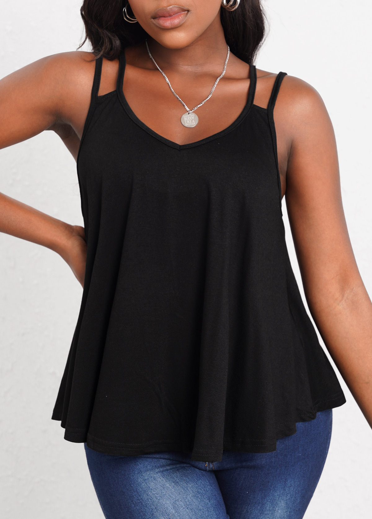 Black Double Straps Curved Hem Camisole Top