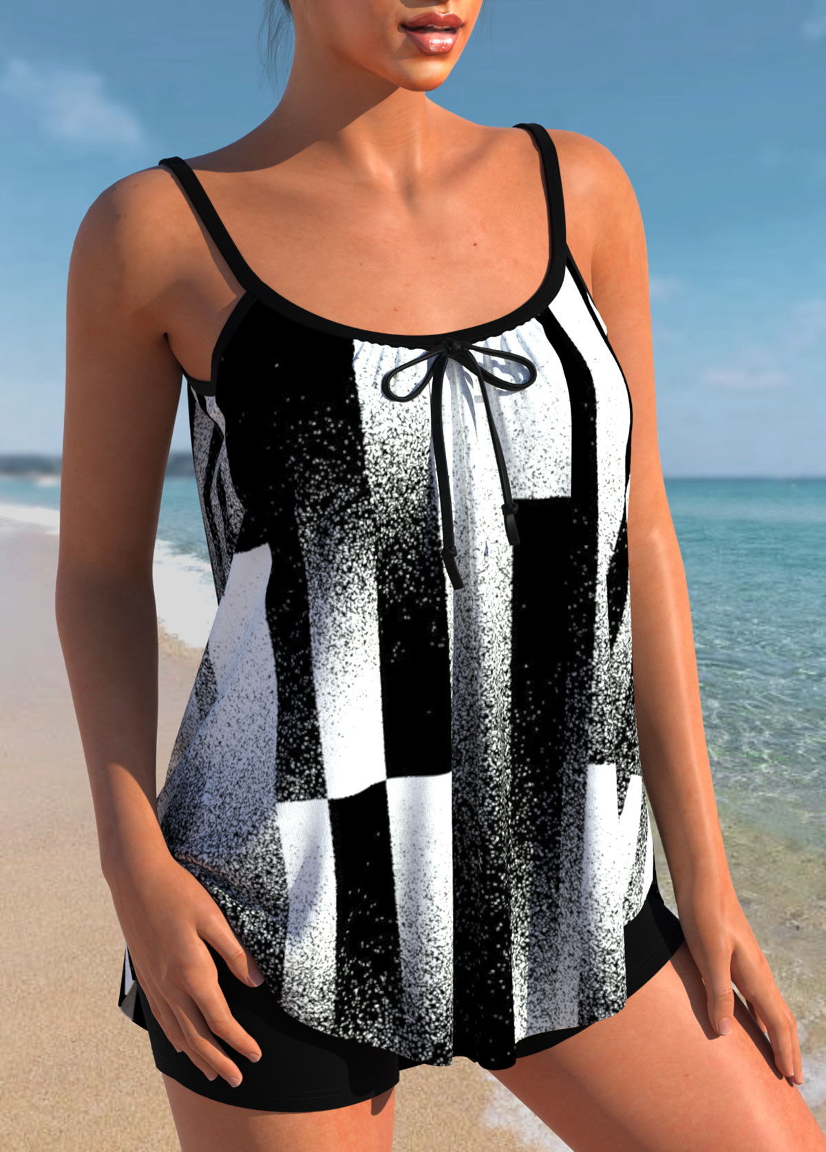 Bowknot Geometric Print Black Contrast Tankini Top-No Bottom | picture 3
