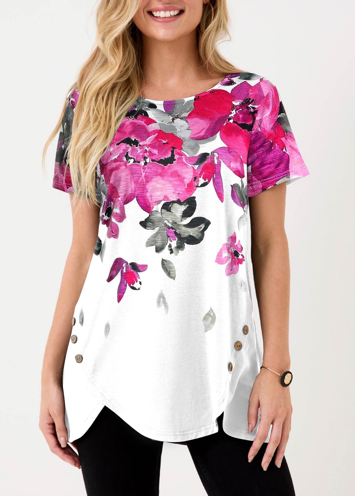 Floral Print Hot Drilling White T Shirt
