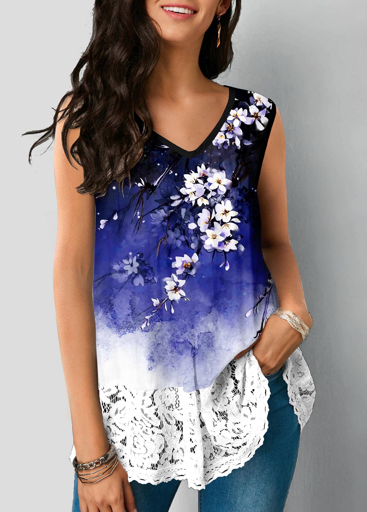 V Neck Multi Color Lace Stitching Tank Top