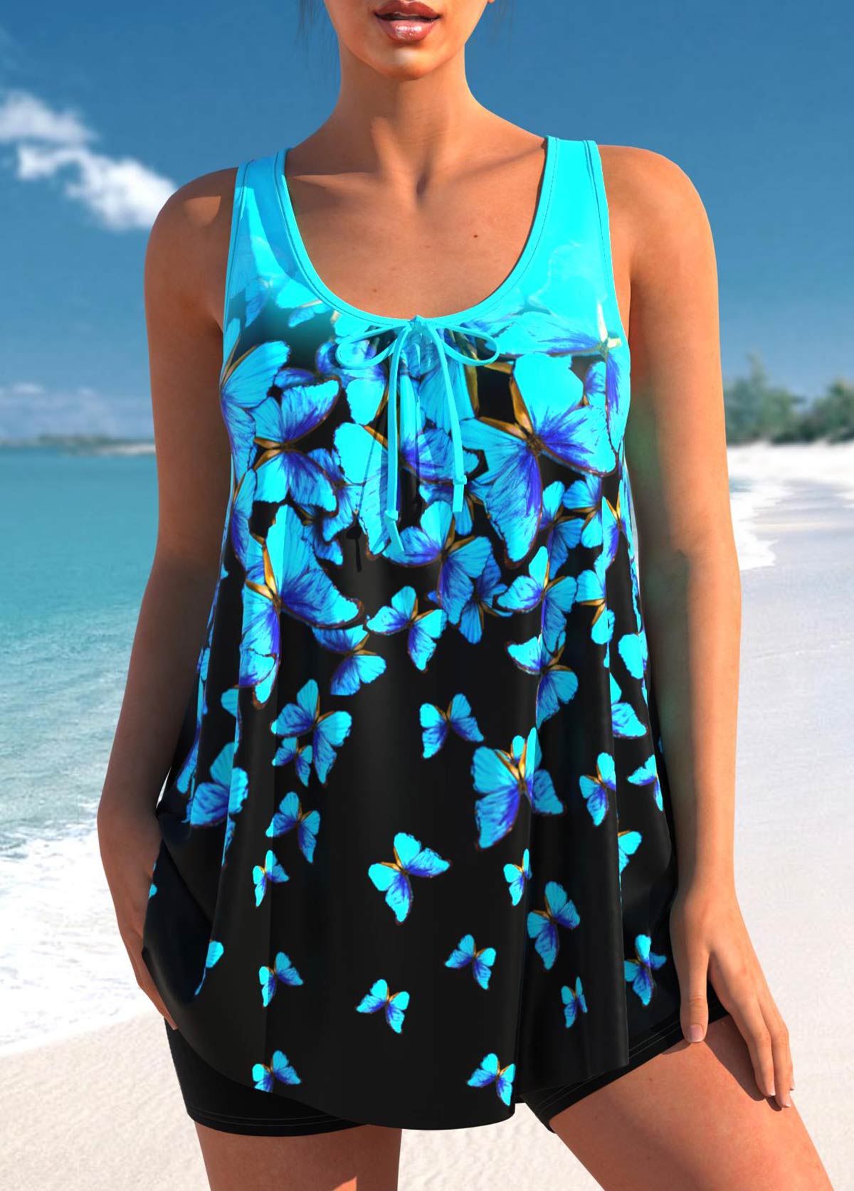 Cyan Butterfly Print Ombre Tankini Top-No Bottom | linkimg