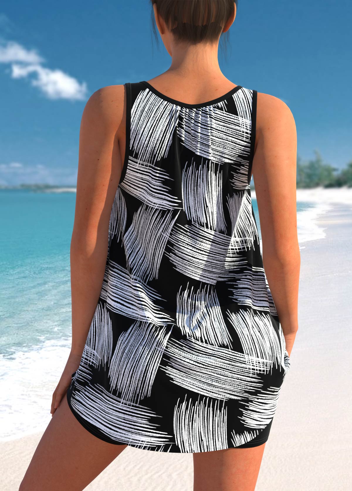 Brush Stroke Print Black Wide Strap Tankini Set | picture 