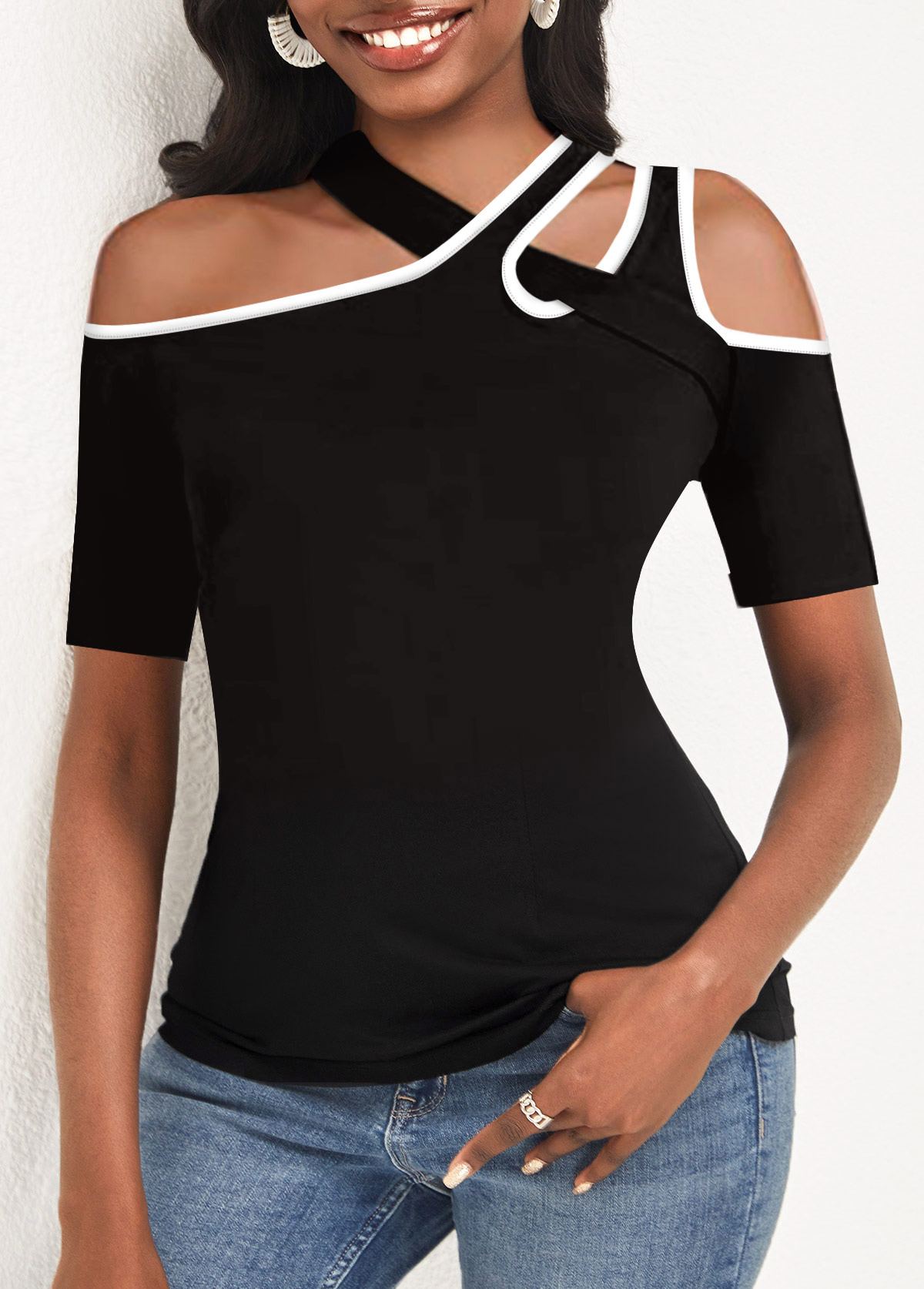 Cross Strap Cutout Black Contrast Stitch T Shirt