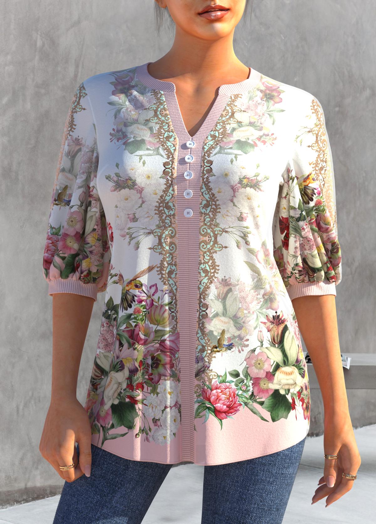 Split Neck Light Pink Floral Print Blouse | picture 