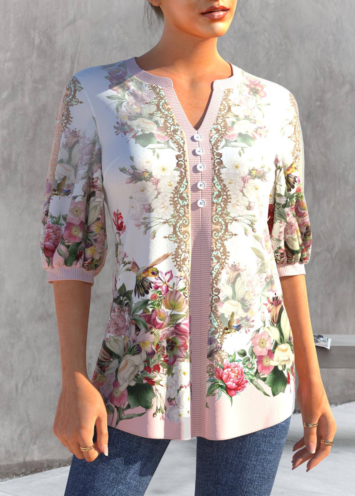 Split Neck Light Pink Floral Print Blouse | picture 