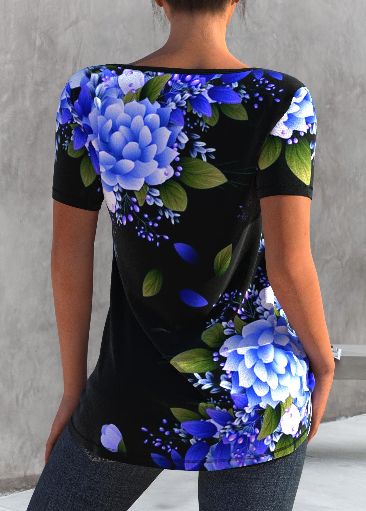 Floral Print Black Cutout T Shirt