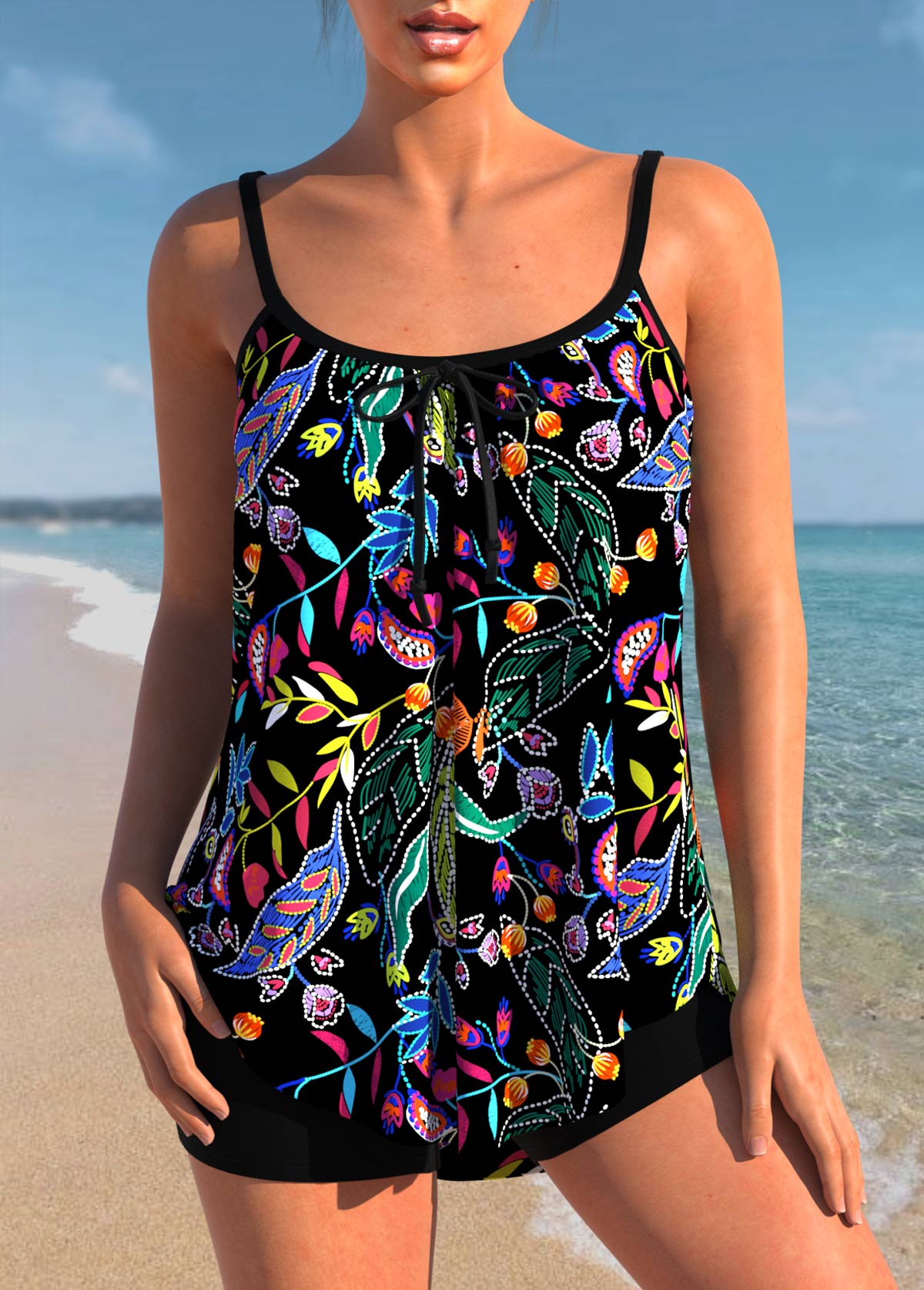 Floral Print Black Spaghetti Strap Tankini Set | picture 