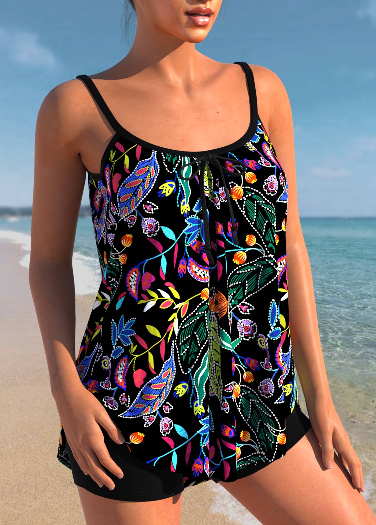 Plus Size Black Leaf Print Tankini Set