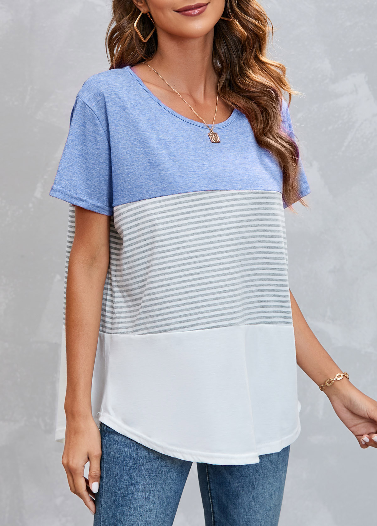 Round Neck Striped Light Blue T Shirt | picture 