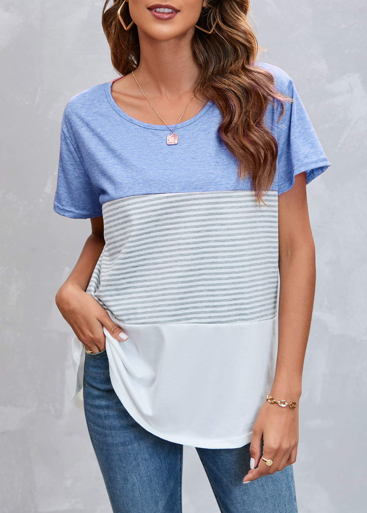 Round Neck Striped Light Blue T Shirt