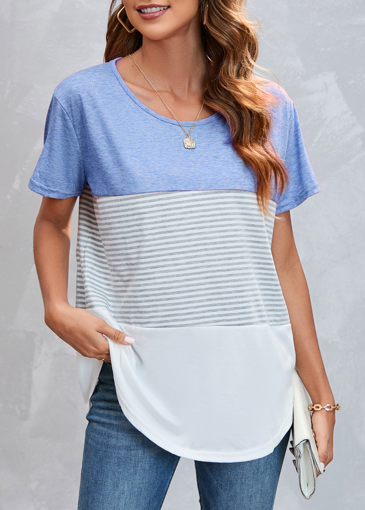 Round Neck Striped Light Blue T Shirt | picture 