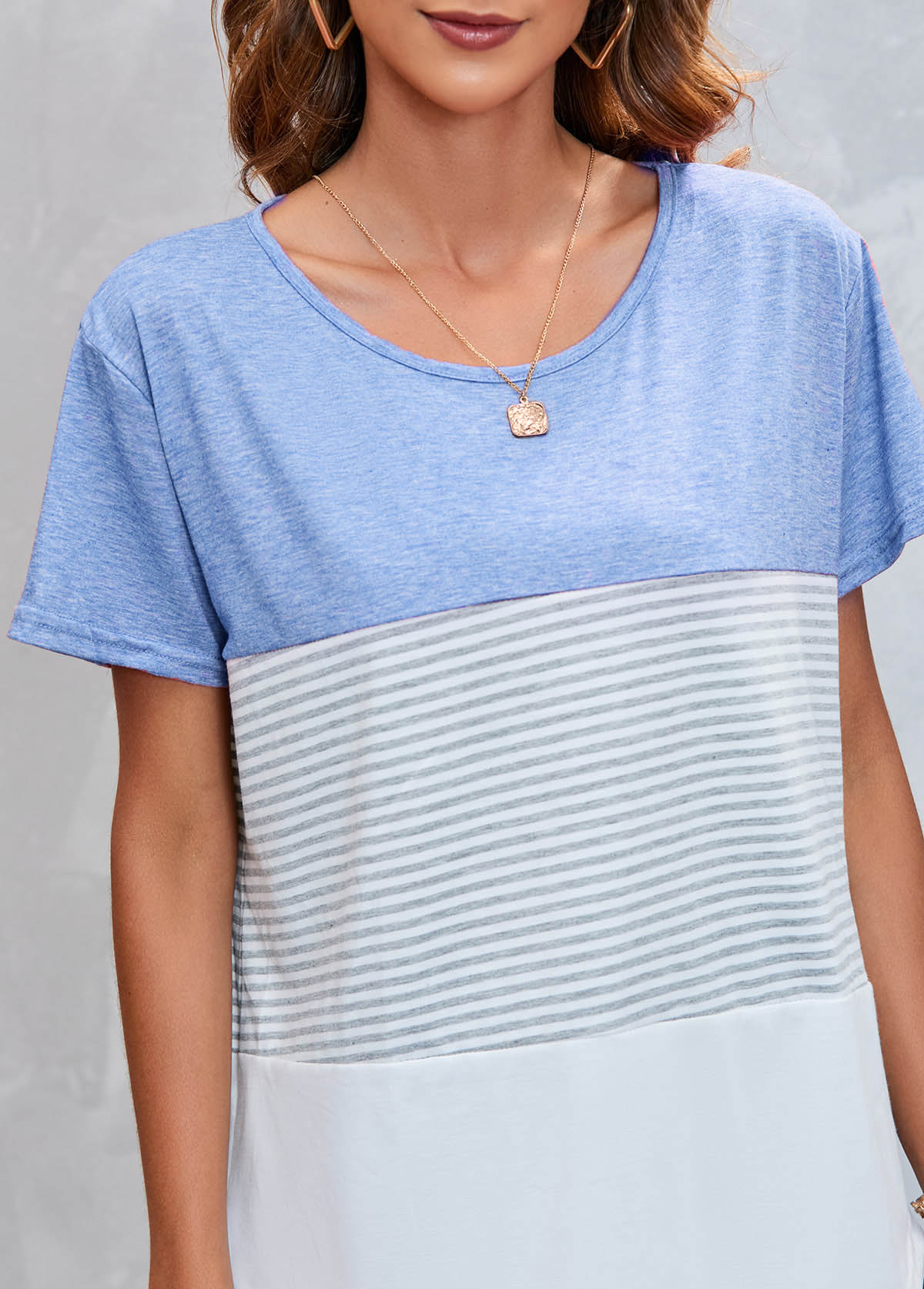Round Neck Striped Light Blue T Shirt | picture 