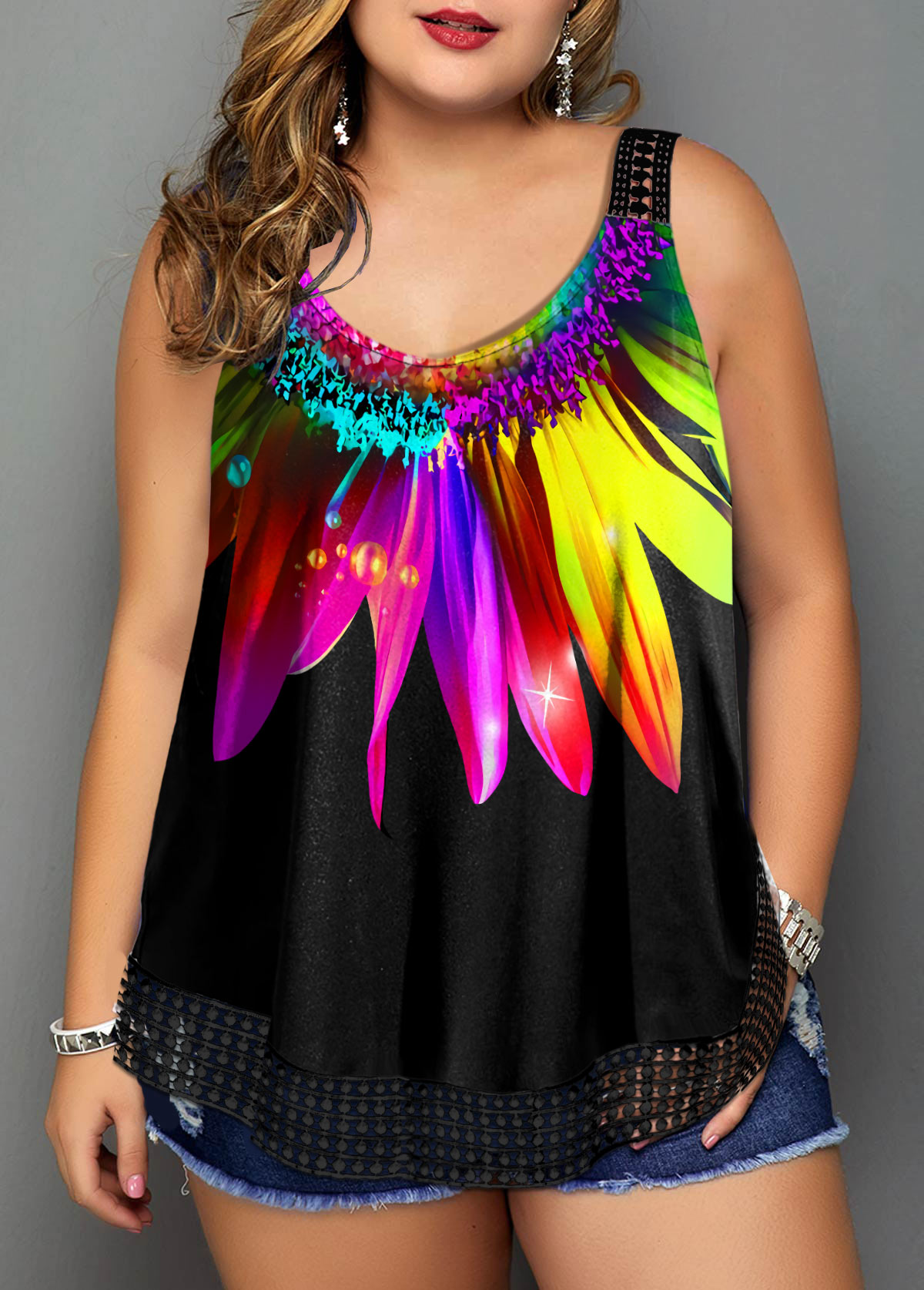 Plus Size Sunflower Print Colorful Tank Top