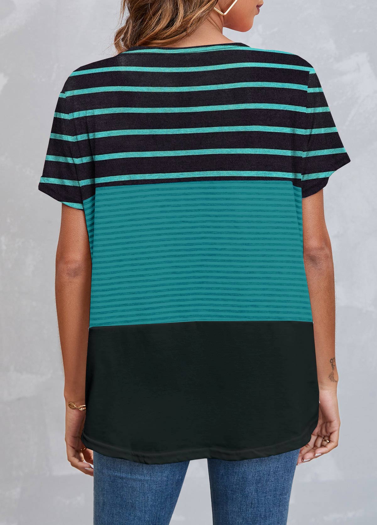 Round Neck Striped Green Short Sleeve T Shirt