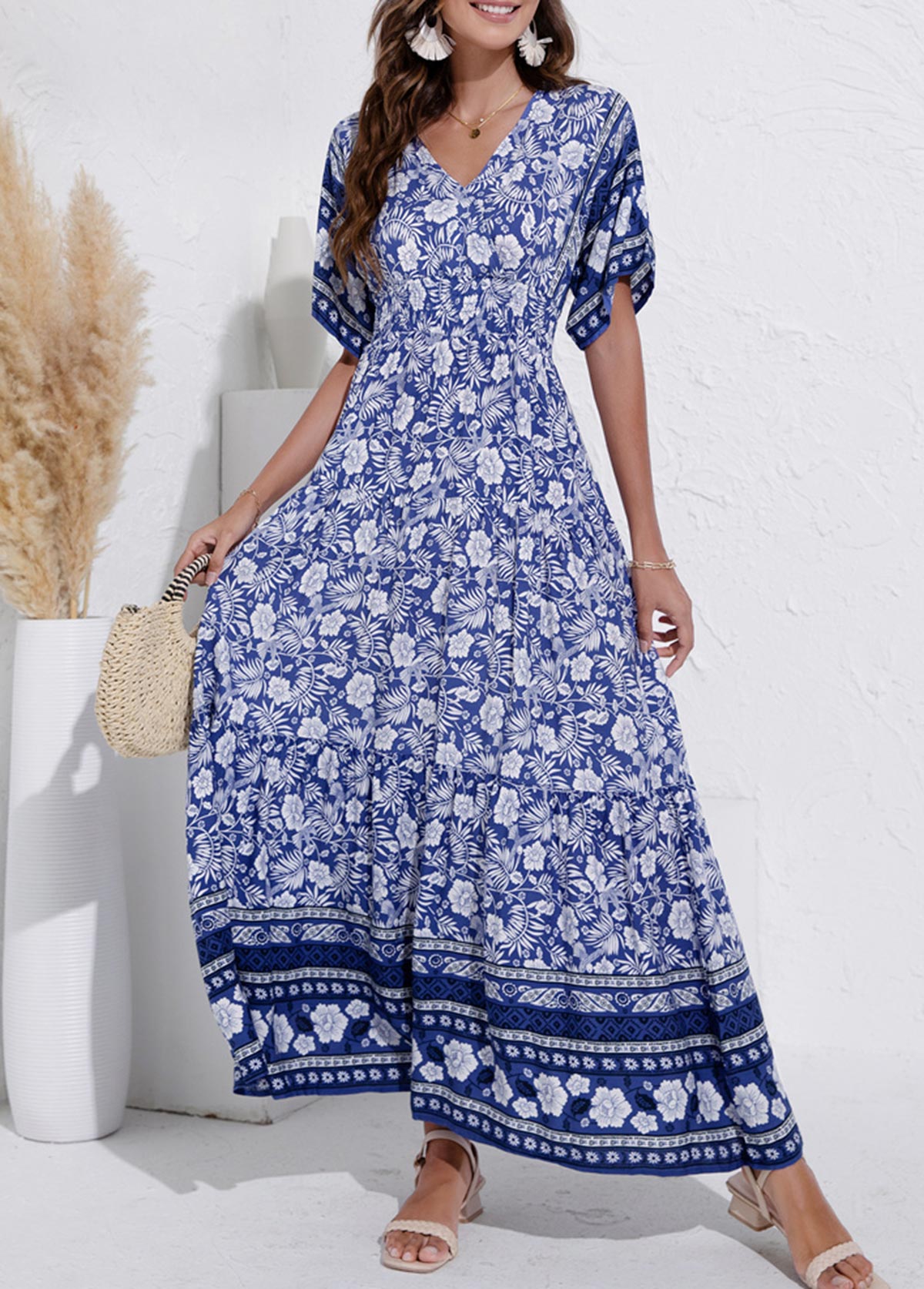 V Neck Navy Blue Floral Print Dress