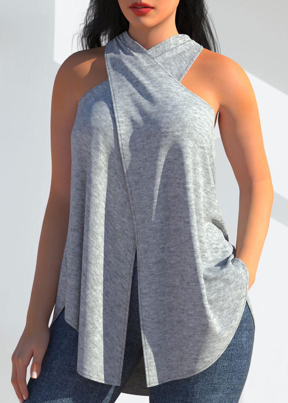 Cross Halter Grey Sleeveless Tank Top | picture 3