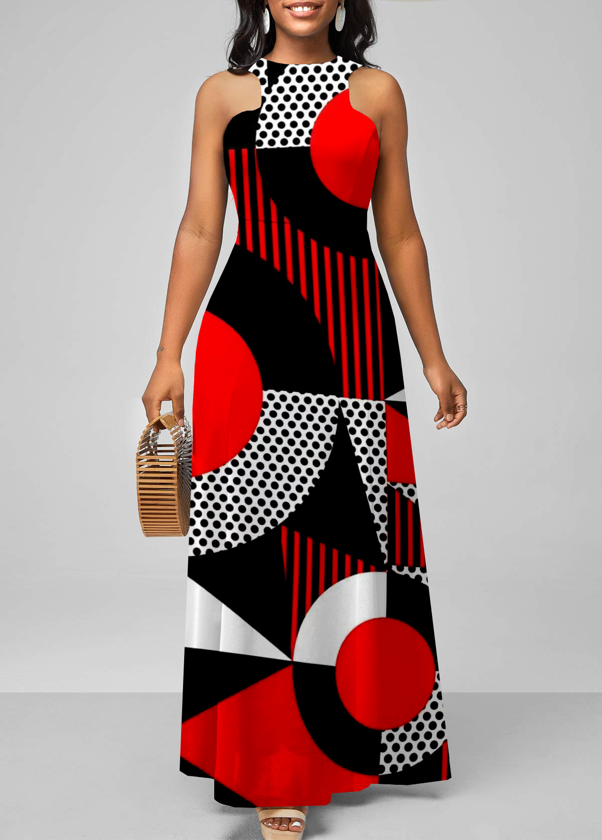 Geometric Print Bib Neck Red Maxi Dress