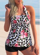 Floral Print Leopard Halter Tankini Set