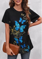 Round Neck Butterfly Print Black T Shirt | thumb picture 