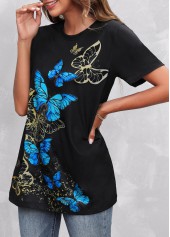 Round Neck Butterfly Print Black T Shirt | thumb picture 