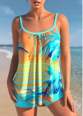 Tropical Print Cyan Bowknot Tankini Set