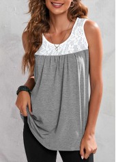 Lace Stitching Grey Marl Round Neck Tank Top