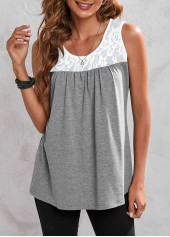 Lace Stitching Grey Marl Round Neck Tank Top | thumb picture 