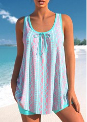 Tribal Geometric Print Cyan Bowknot Tankini Set