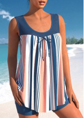 Striped Mesh Stitching Bowknot Denim Blue Tankini Set