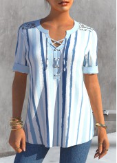 Lace Patchwork Stripe Print Dusty Blue Blouse