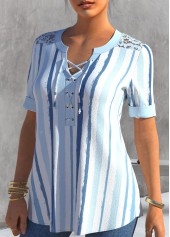 Lace Patchwork Stripe Print Dusty Blue Blouse | thumb picture 