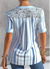 Lace Patchwork Stripe Print Dusty Blue Blouse | thumb picture 