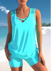 Lace Patchwork Cyan Cross Strap Tankini Set