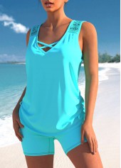 Lace Patchwork Cyan Cross Strap Tankini Set | thumb picture 